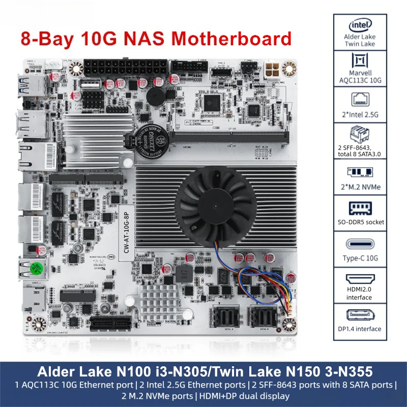 Nas Motherboard 8 Sata Mini Itx - 8-bay 10G NAS moederbord Intel i3-N300